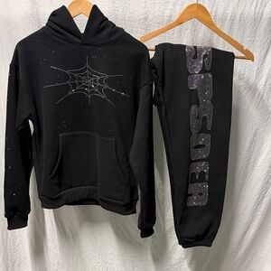 Sp5der Rinestone silk Hoodie + joggers set